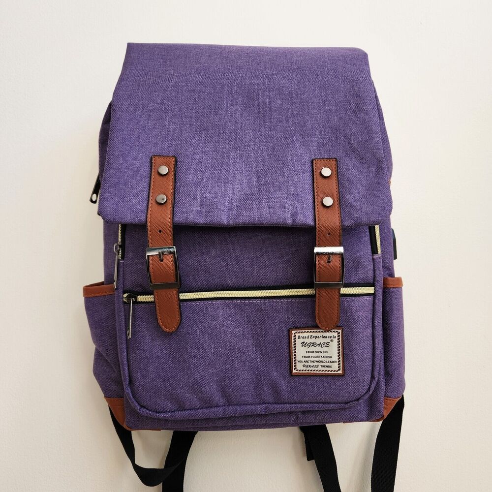 UGrace Backpack Laptop Travel ~ USB Charging Port Purple Canvas Water Resistant.